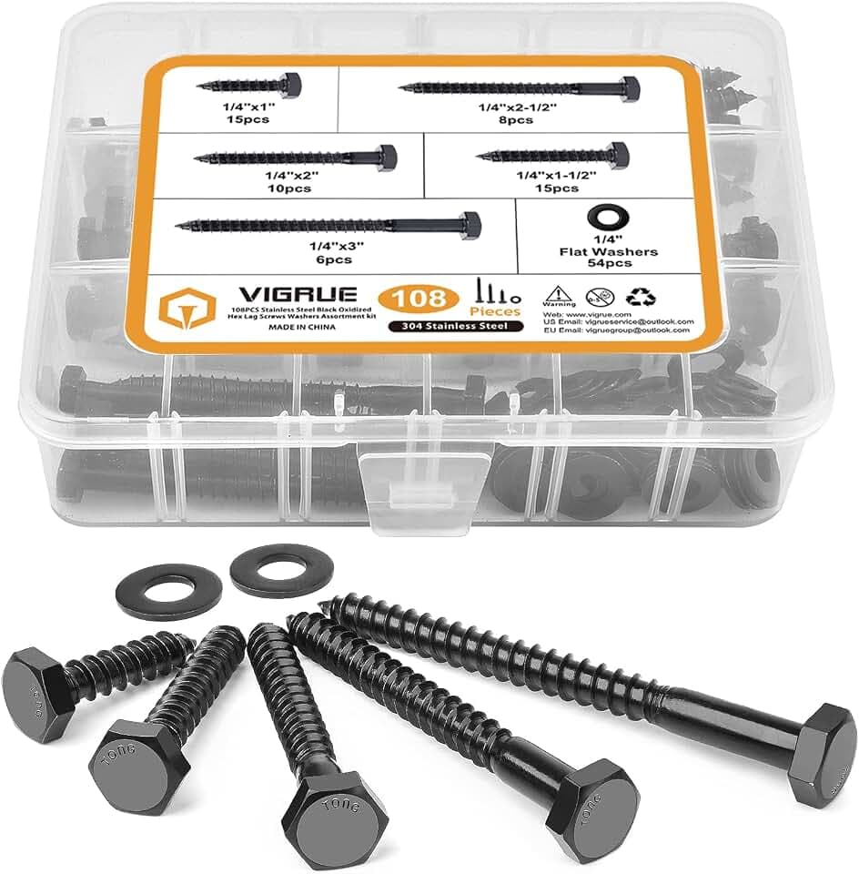 VIGRUE 108PCS Hex Lag Bolts Heavy Duty Wood Screws Assortment Kit