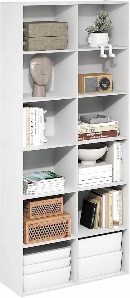 Furinno Basic Book Shelf, 12-Cube Bookshelf, Open Shelf Bookcase, Cube Storage Organizer, 12 x 32 x 71, for Living Room, Home Office, Plain White