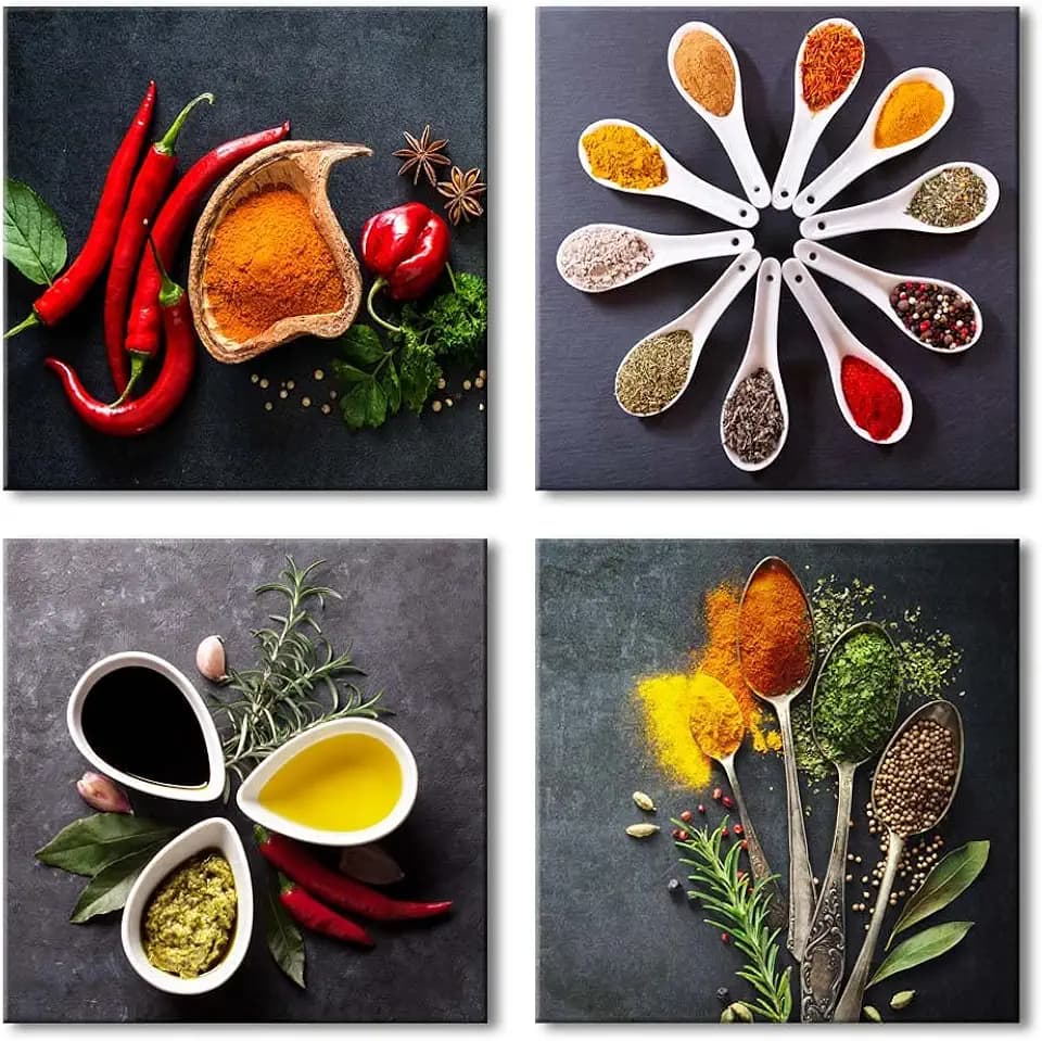 Pyradecor Large 4 Pieces Colorful Spices and Spoon Vintage Canvas Prints Still Life Paintings Pictures Canvas Wall Art for Living Rome Home Kitchen Decorations