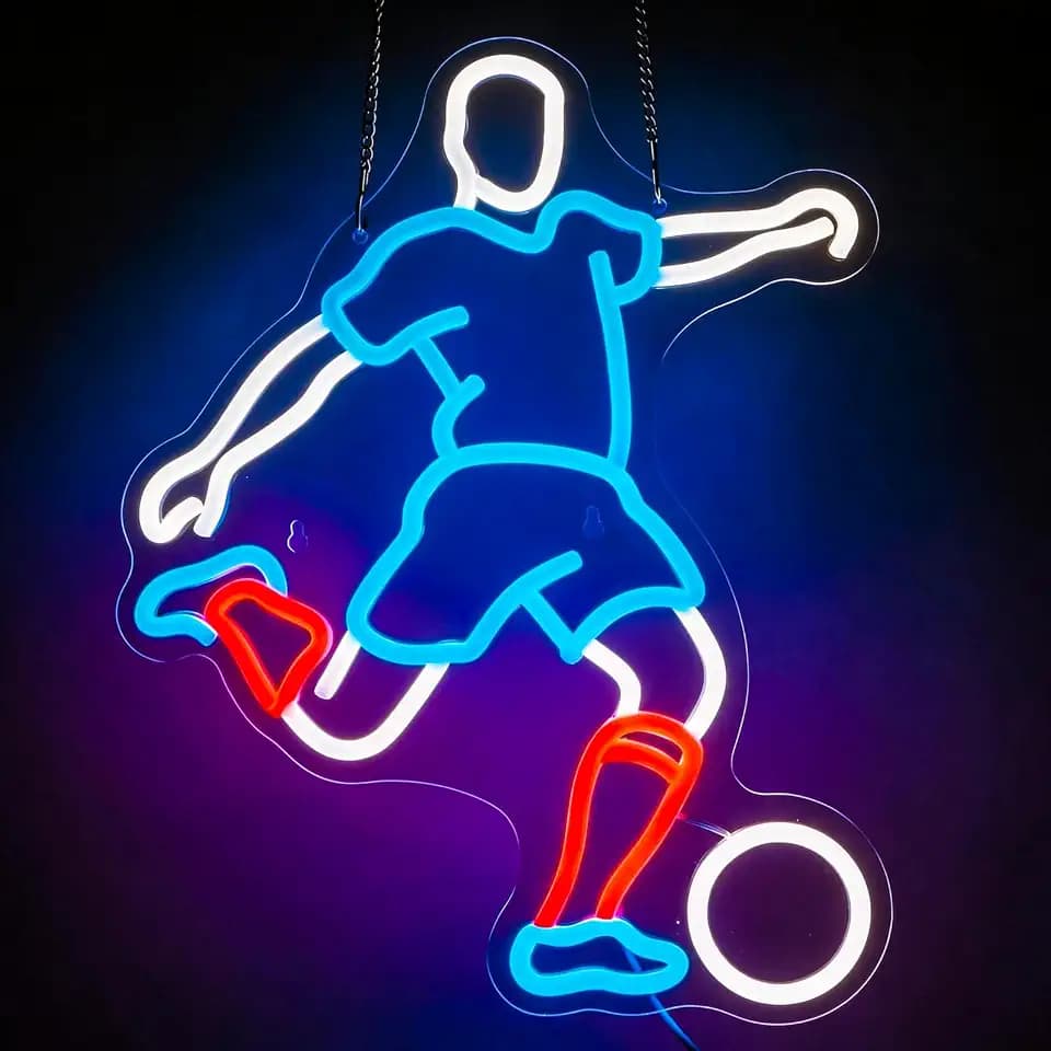 Fußball Neon Schild zur Wanddekoration – LED Schild dimmbar für Jungen, Kinderzimmer, Herrenhöhle, Wohnzimmer, Fußballfans – Geschenk für Fußballliebhaber – 42 x 30.5 cm (Blau)