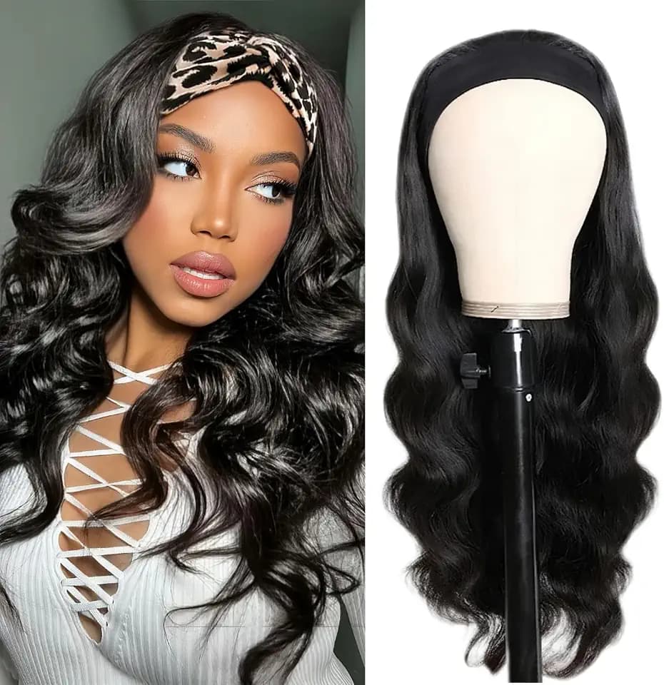 Headband Wig Human Hair Body Wave Wigs None Lace Front Wigs 100% Human Hair Brazilian Virgin 180% Density Natural Color (26inch)