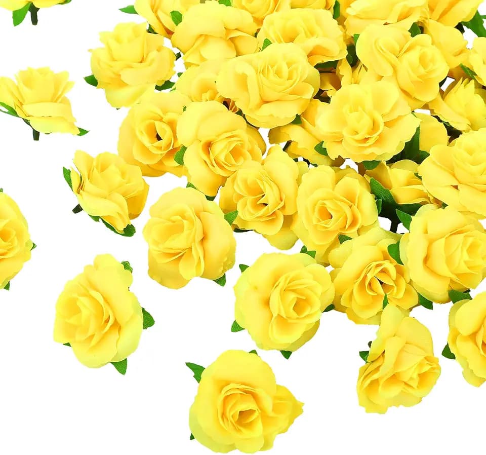 Kesote 50pcs Mini Yellow Roses Artificial Flowers, 1.6" Silk Fake Roses