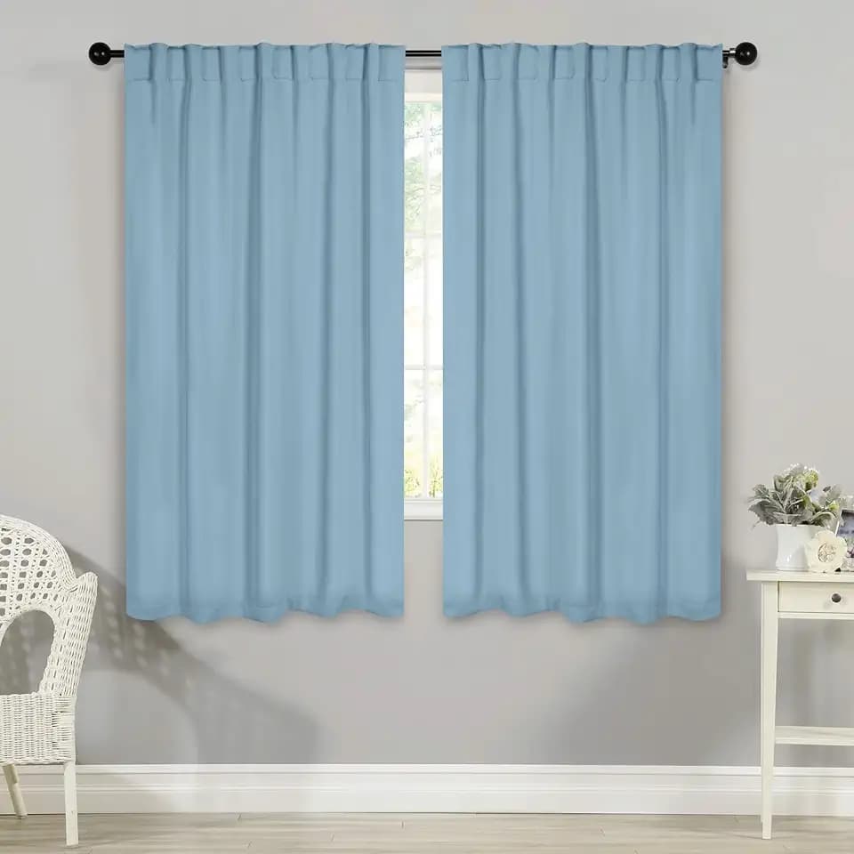 SUPERIOR Blackout Curtains, Room Darkening, Bedroom, Drapes, Kitchen, Living Room Window Accents, Sun Blocking, Thermal, 2 Pack, Solid Blackout Back Tab Curtains, Set of 2, 42" x 63", Light Blue