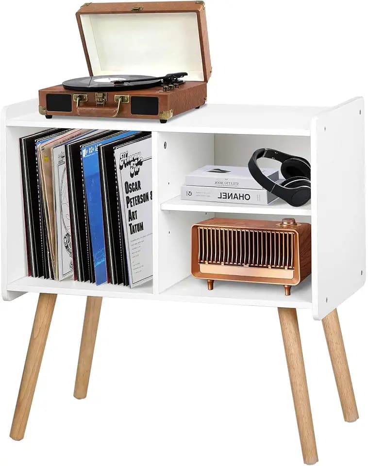 Possile Mid-Century Record Player Stand, Vinyl Record Cabinet Holder with Storage Up to 100 Albums, Record Player Table for Living Room Bedroom Office, Turntable Stand with Wood Legs, White