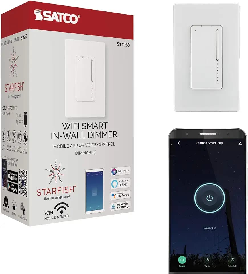 Satco Starfish S11268 WiFi Smart Wall Dimmer Light Switch for LED and Incandescent, Works with Siri, Alexa, Google Assistant, SmartThings, 450 Watt Max Load, 120 Volt