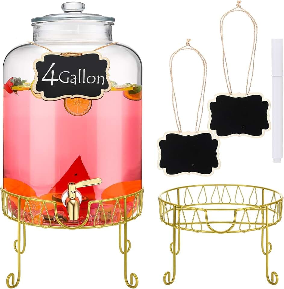 4 Gallon Glass Beverage Dispenser with Stand Spigot, Gold