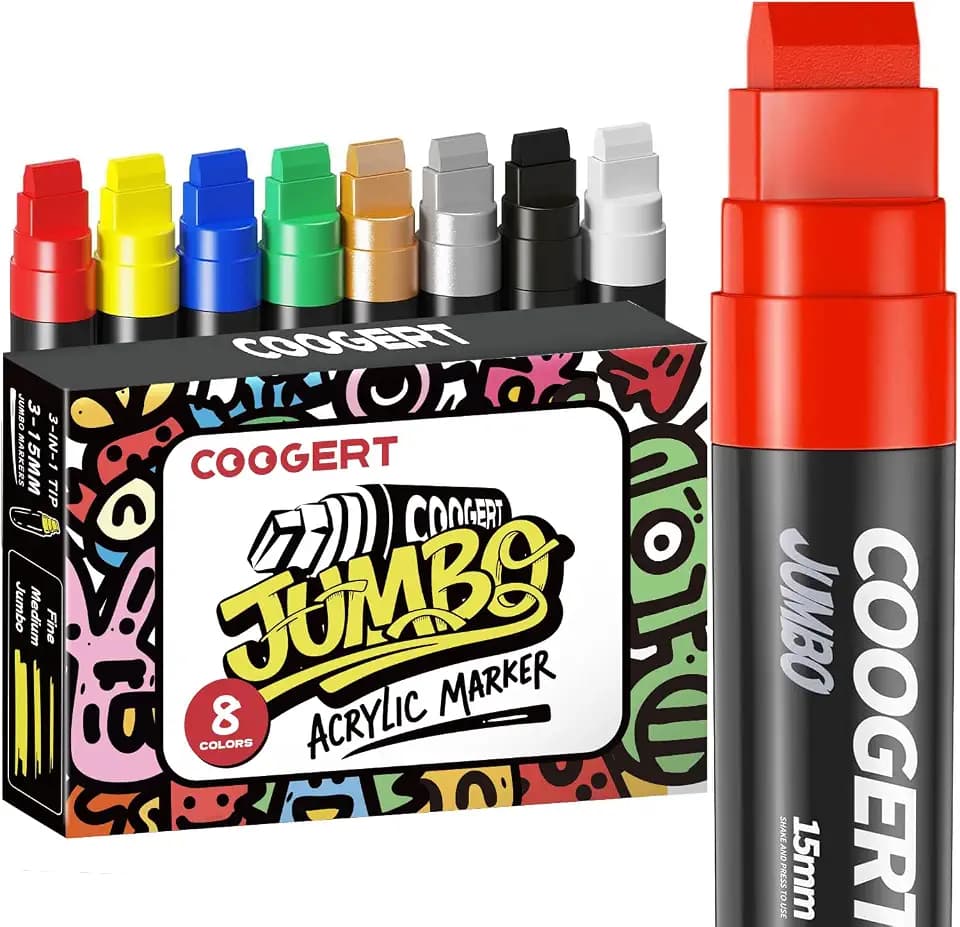 Coogert 8 Colors Jumbo Poster Markers, 15MM Thick Permanent Acrylic Graffiti Markers, Wide Tip Paint Marker for Canvas, Posters Board, Fabric, Window, Wood,Teachers,Banner painting supplies
