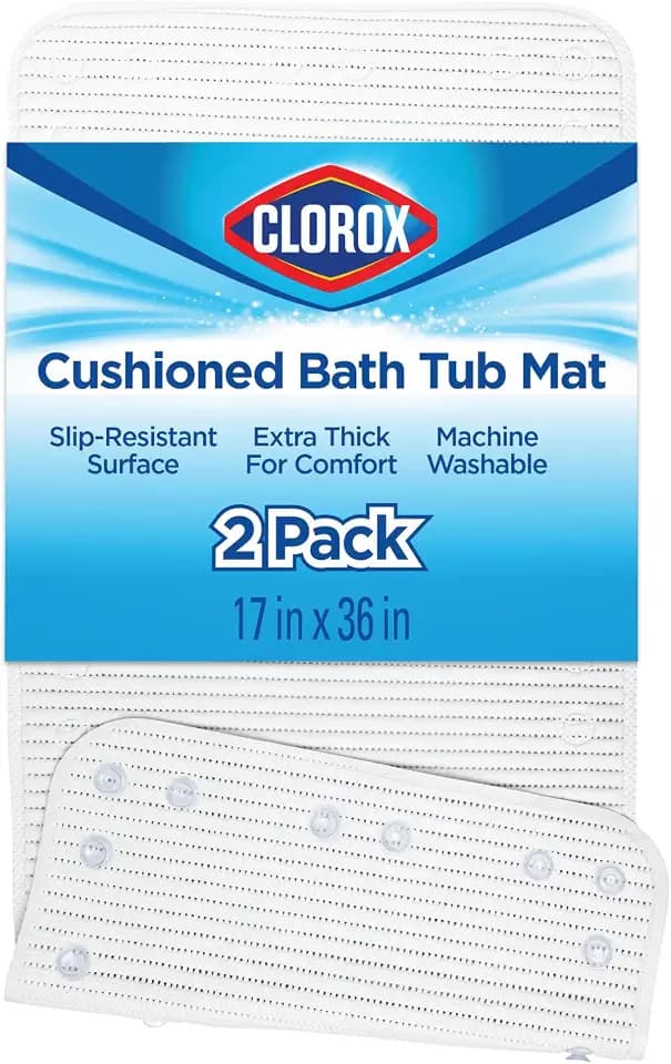 Duck Brand Clorox Cushioned Shower Mat, Non Slip Bathtub Mat with Suction Cups, 17 Inches x 36 Inches, White, 2 Pack