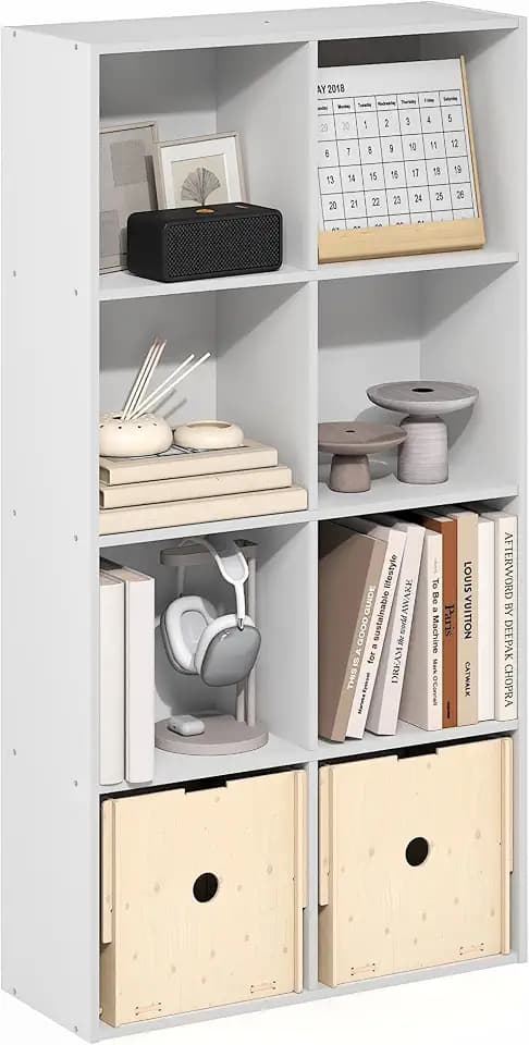 Furinno LUDER Book Shelf, 8-Cube Bookshelf, Bookcase with Open Shelves, 9.5 x 24.6 x 47, for Living Room, Bedroom, Home Office, White