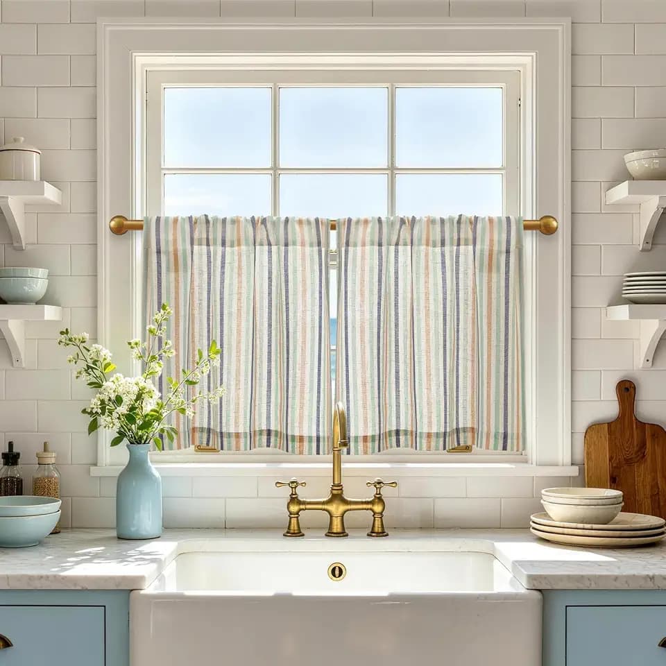 jinchan Striped Linen Kitchen Tier Curtains, 20 Inch, Coastal, 2 Panels