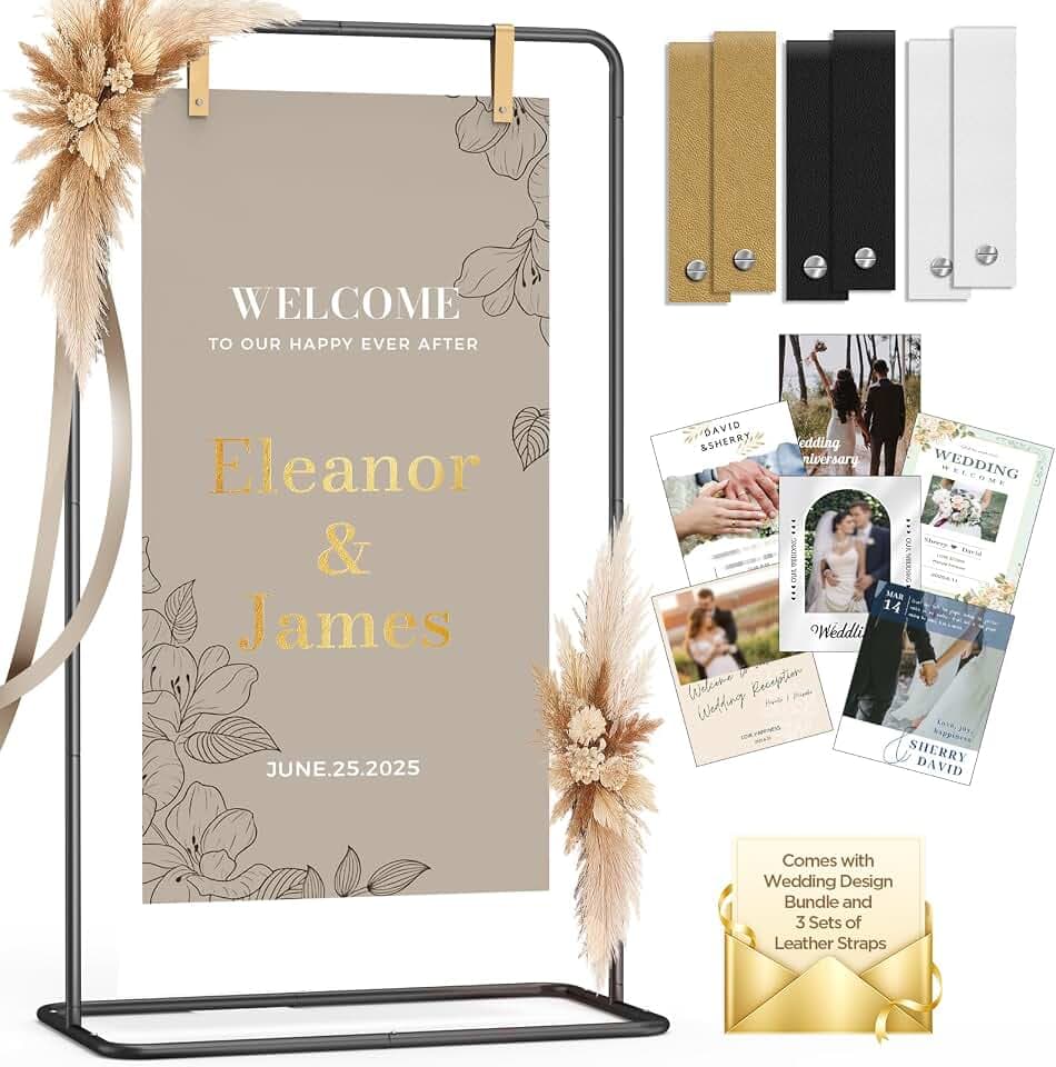 Wedding Sign Holder Adjustable up to 5.7 FT Tall - Welcome to Our Wedding Sign Stand with Design Bundle, Hanging Straps & Water Bags (Black)