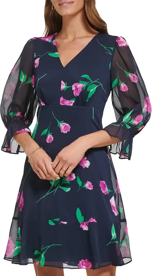 DKNY Women's V-Neck Balloon Sleeve with Ruffle Hem