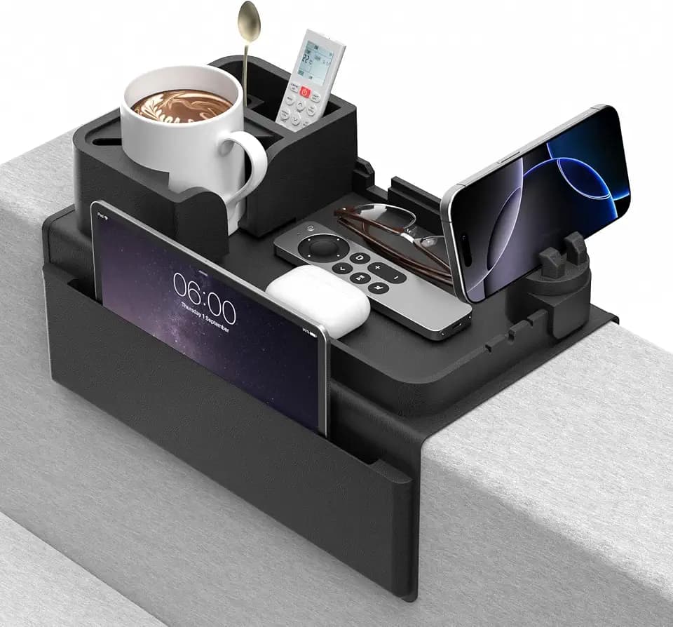 Couch Arm Tray Silicone Couch Arm Cup Holder Wide Sofa Armrest Tray with Dual Side Pockets, 360° Swivel Phone Holder & Glass Slot, Anti-Slip Couch Drink Holder Caddy for Remote Tablet Magazine Black