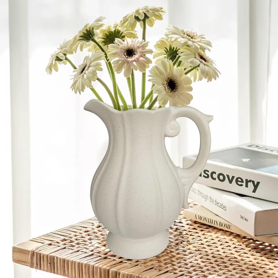 Large Rustic Ceramic Vase for Home Decor, Antique Textured Wide Mouth Farmhouse Clay Jug Pitcher Pottery Flower Vases with Handle for Aesthetic Gift…