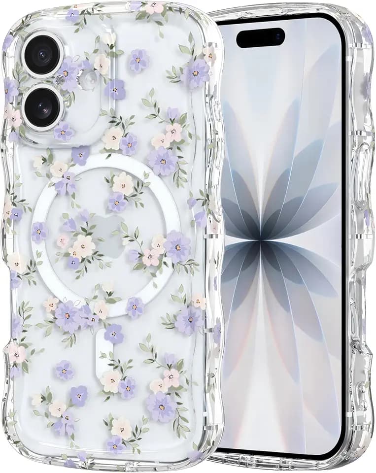 RALEAVO for iPhone 17 Case Cute Floral Magnetic Wavy Case,Purple Flowers