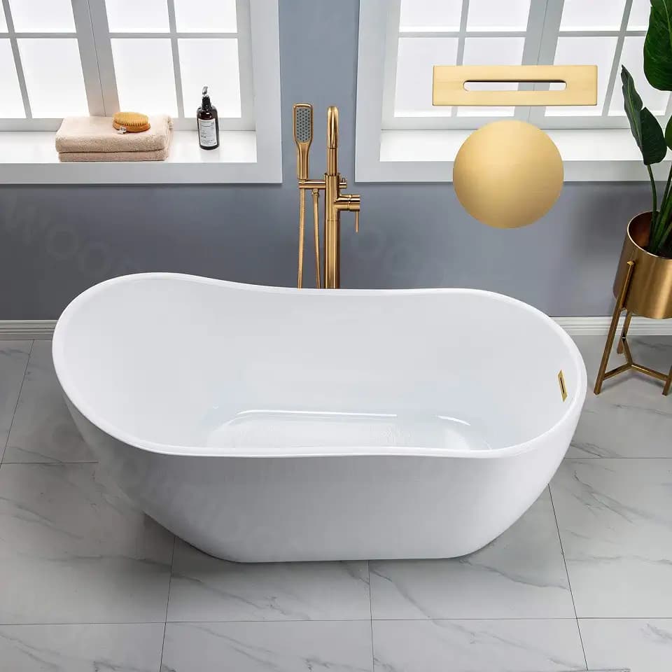WOODBRIDGE 59" Acrylic Freestanding Bathtub Contemporary Soaking White Tub with Brushed Gold Overflow and Drain, B1530 -BG-Drain &O