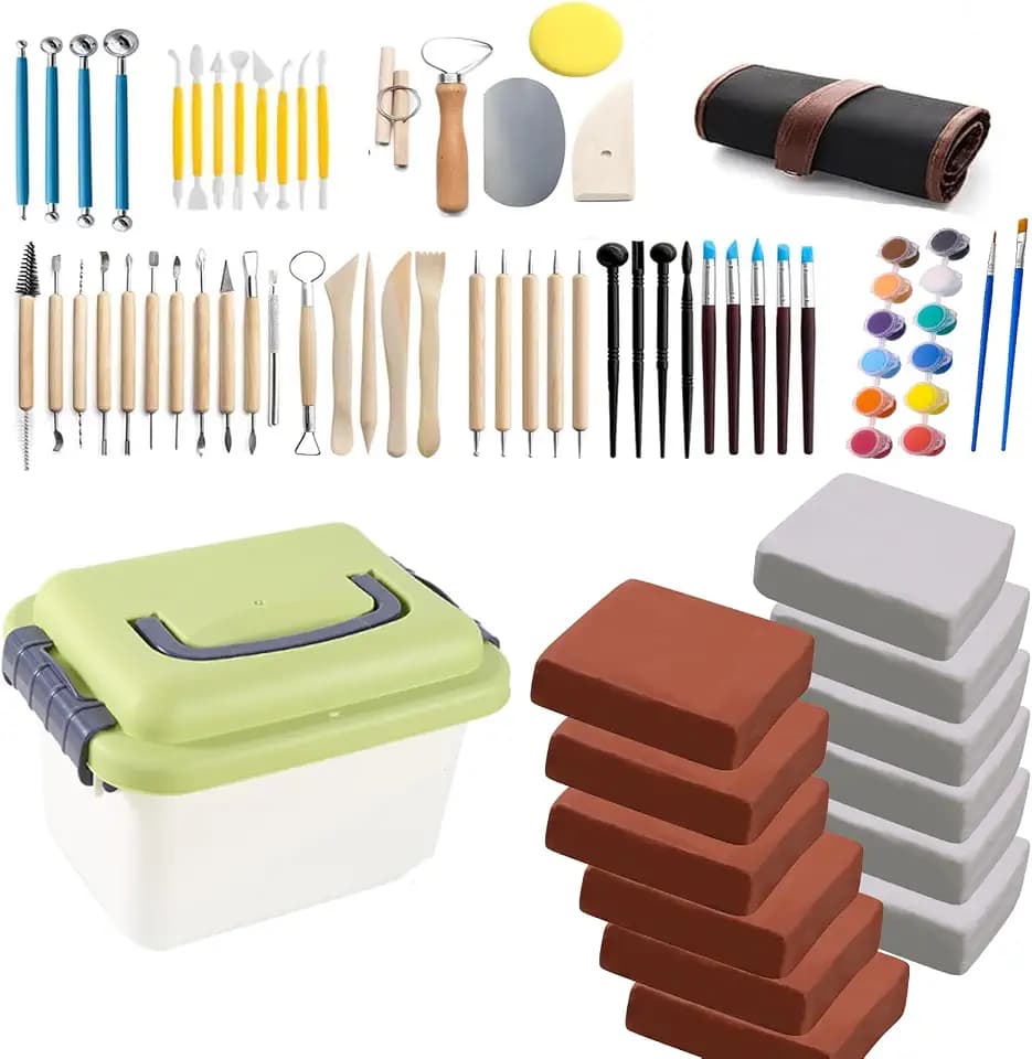 12 lb Natural Air-Dry Clay + 52 pcs Pottery Tools + Storage Box,Ideal for Wheel Throwing,Hand Building,Sculpting;Great for All Skill Levels (12lb+Tools(52pcs)+Box, White+Terracotta)
