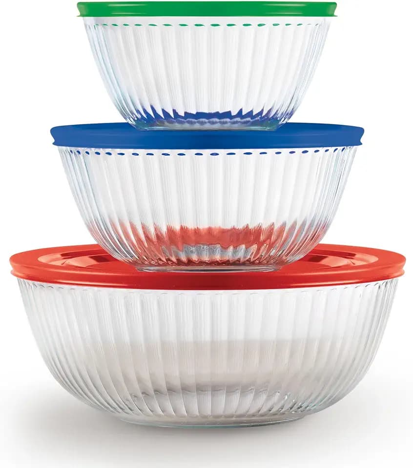 Pyrex Sculpted (3-Pack) Glass Mixing Bowls Set With Plastic Lids