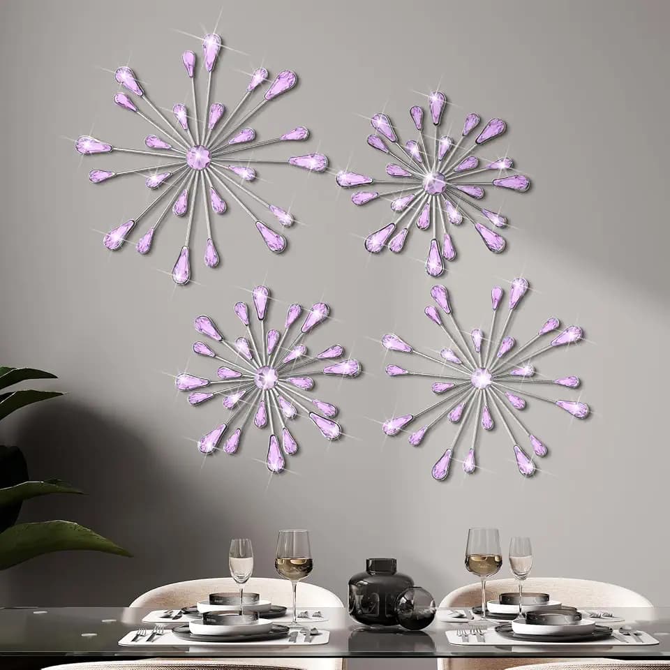 Hicarer 4 Pcs Starburst Wall Decor, Bling Metal Wall Art, Purple