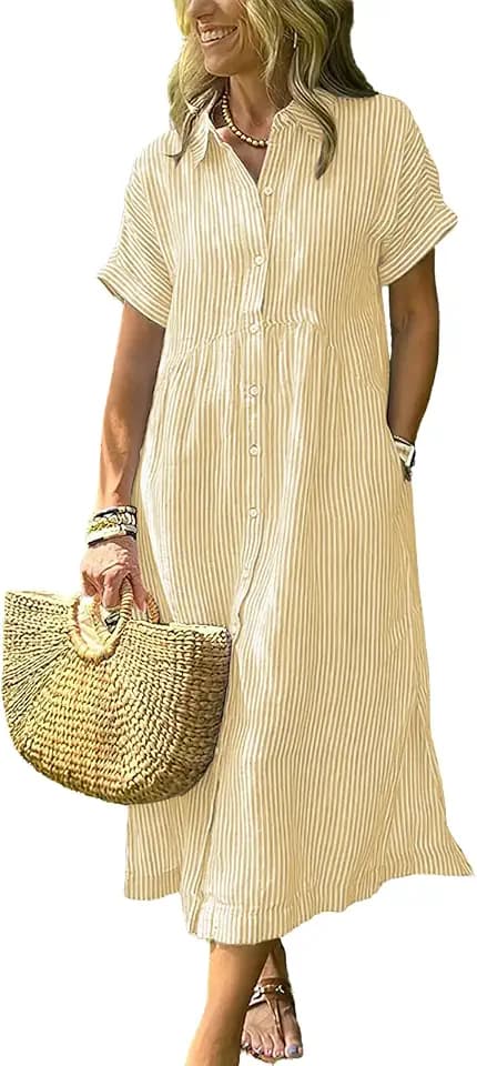 ebossy Women's Boho Striped Shirt Dress Button Up Side Slit Loose Mid Long Cotton Dress with Pockets
