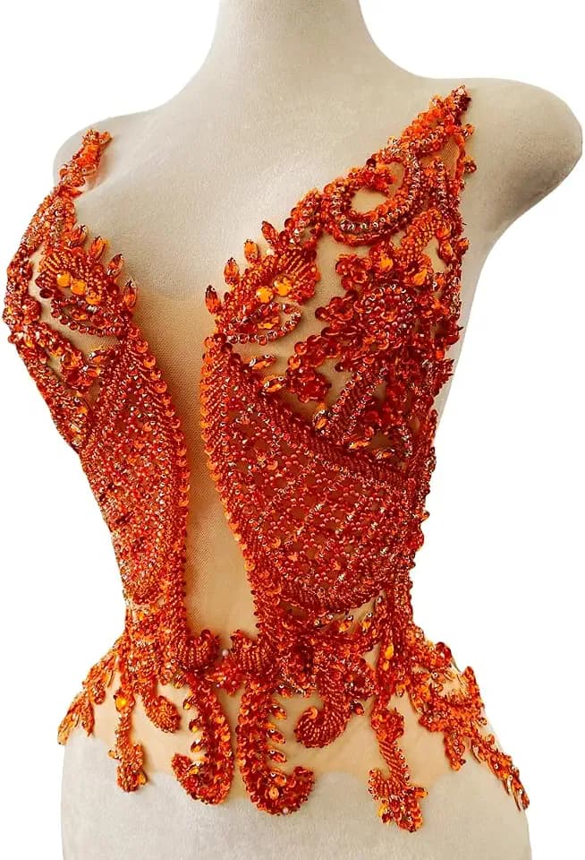 Handmade Rhinestone Applique Sewing Beads Stones Trim Patches for Skirt Accessories 15X22.4inches (Orange)