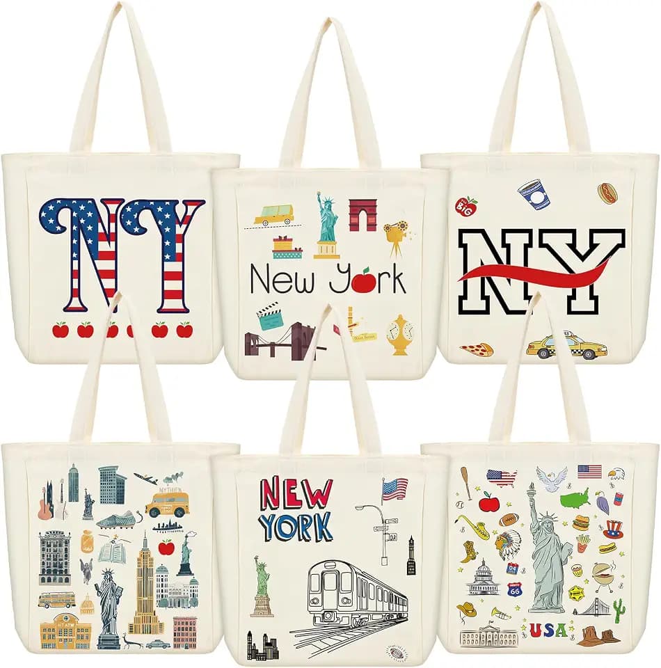 VioraWhite 6 Pcs New York Canvas Tote Bags Reusable City Souvenir