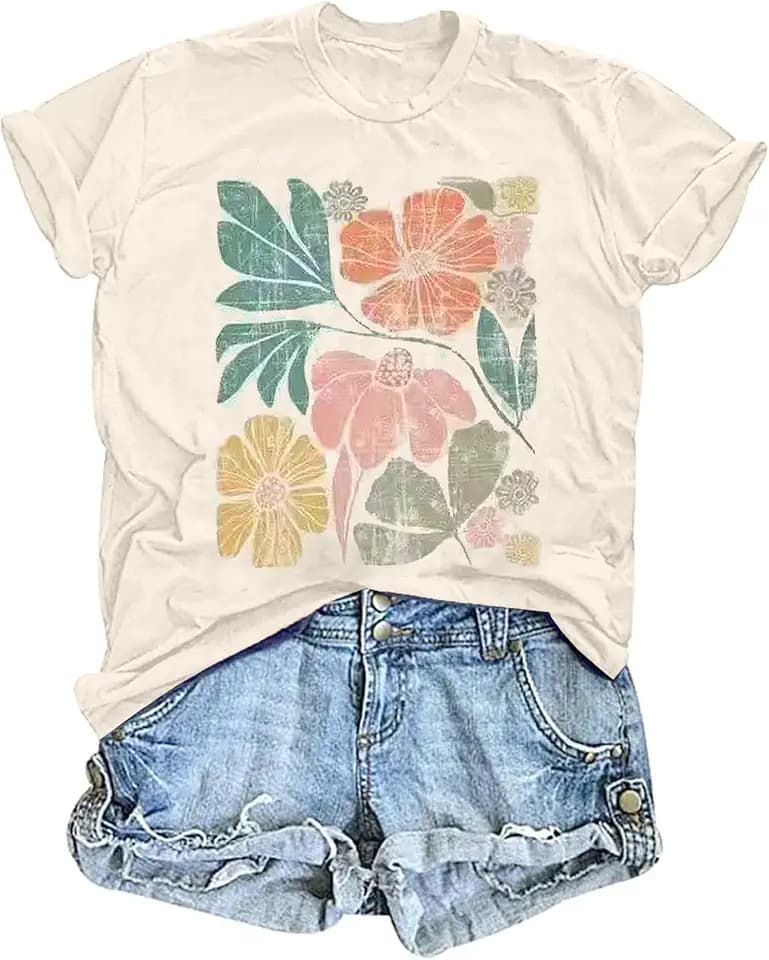 Women's Vintage Floral T Shirt Boho Wildflower Graphic Loose Tees Short Sleeve Casual Tops