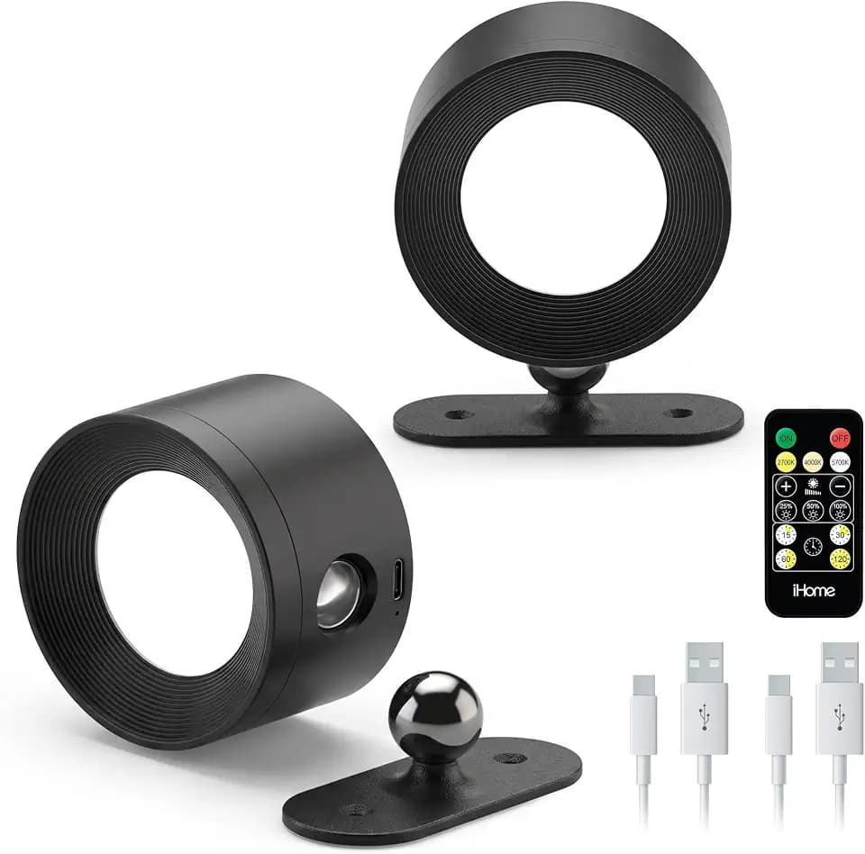 iHome Dimmable Rechargeable Wall Light 2-Pack, Magnetic 360° Rotation, Cordless, 3 Color Temperatures, Stepless Dimming, Touch Control, Remote Included, Peel and Stick or Screw Mount