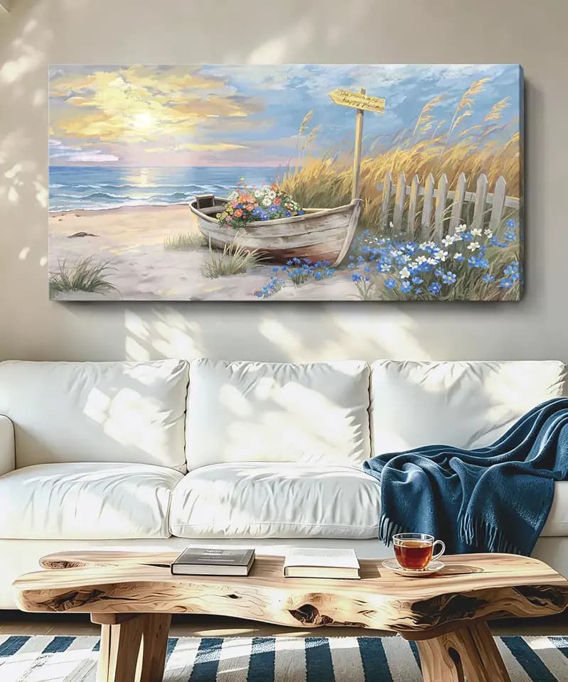 Large Vintage Nautical Ocean Wall Art For Living Room, Wooden Boat Flowers And Sunset Modern Landscape Artwork, Warm And Inviting Coastal Wall Decor For Dining Rooms, Offices, Lounges. 58X29 Inches.