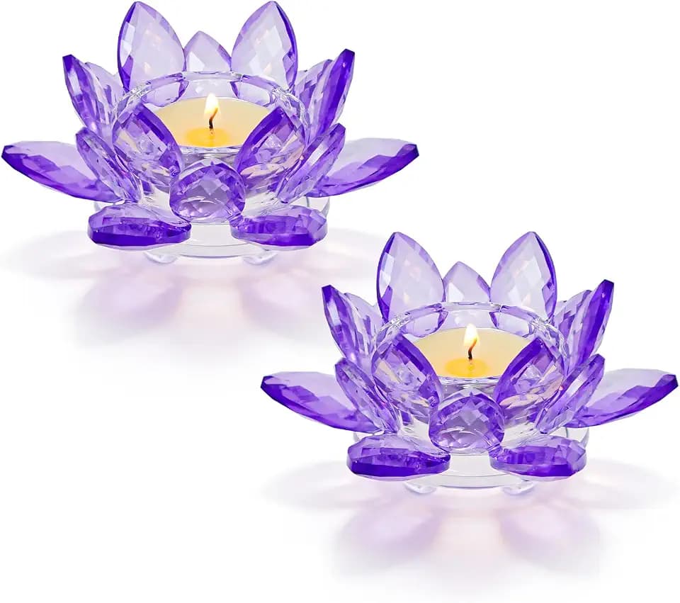 2 Pcs Purple Crystal Lotus Flower Tealight Candle Holder | Glass Votive Candlestick Decor for Home, Wedding, Party & Christmas Table Centerpieces