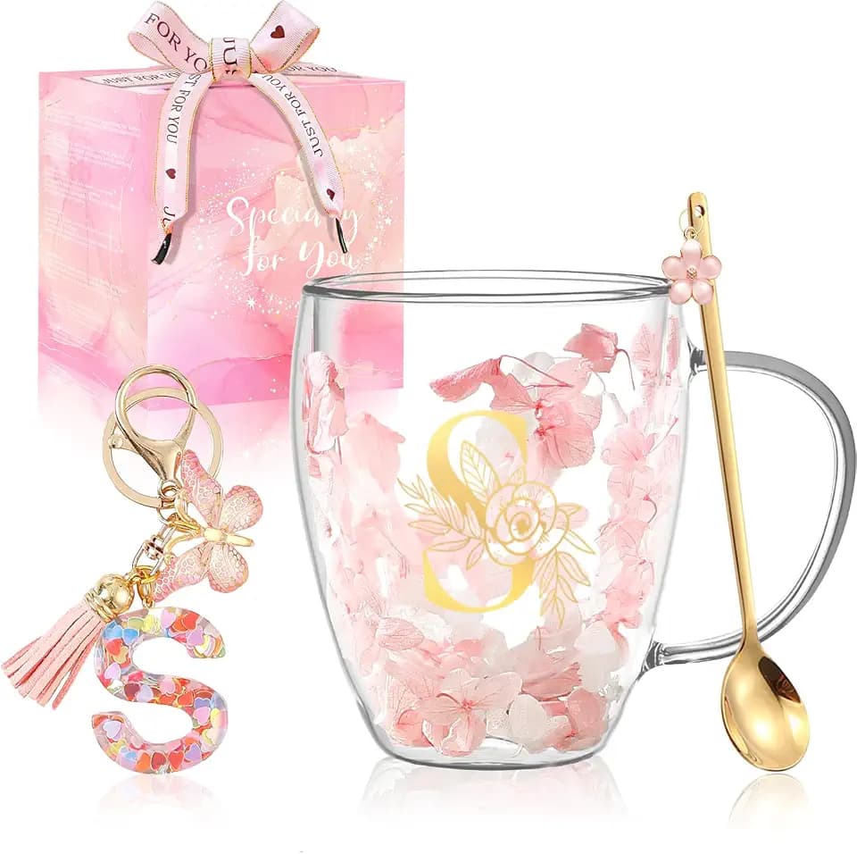 Gifts for Women Double Wall Flower Glass Coffee Mug Initial Glass Cup Personalized Monogrammed Birthday Wedding Christmas Graduation Valentine Mothers Day Gifts for Mom Wife Friends Coworker Bride (S)