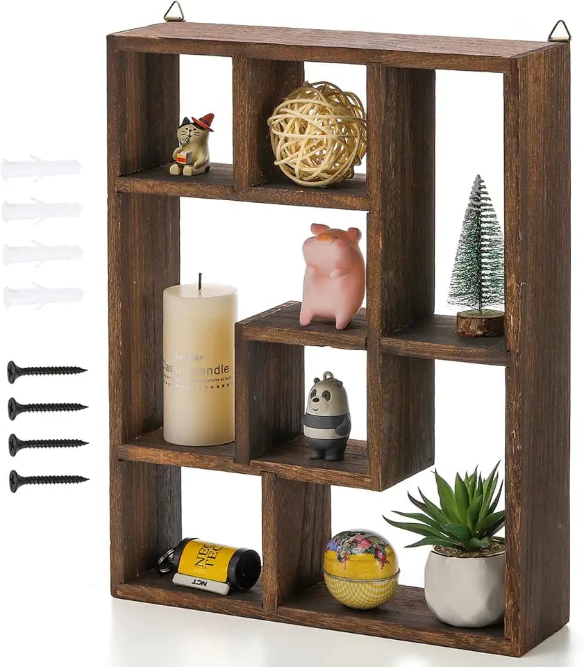 WUWEOT Wood Shadow Box, 15" x 12" Cubes Display Shelf, Freestanding & Wall Mountable Floating Shelves, 7-Compartment Knickknack Display Organizer with Screws for Christmas