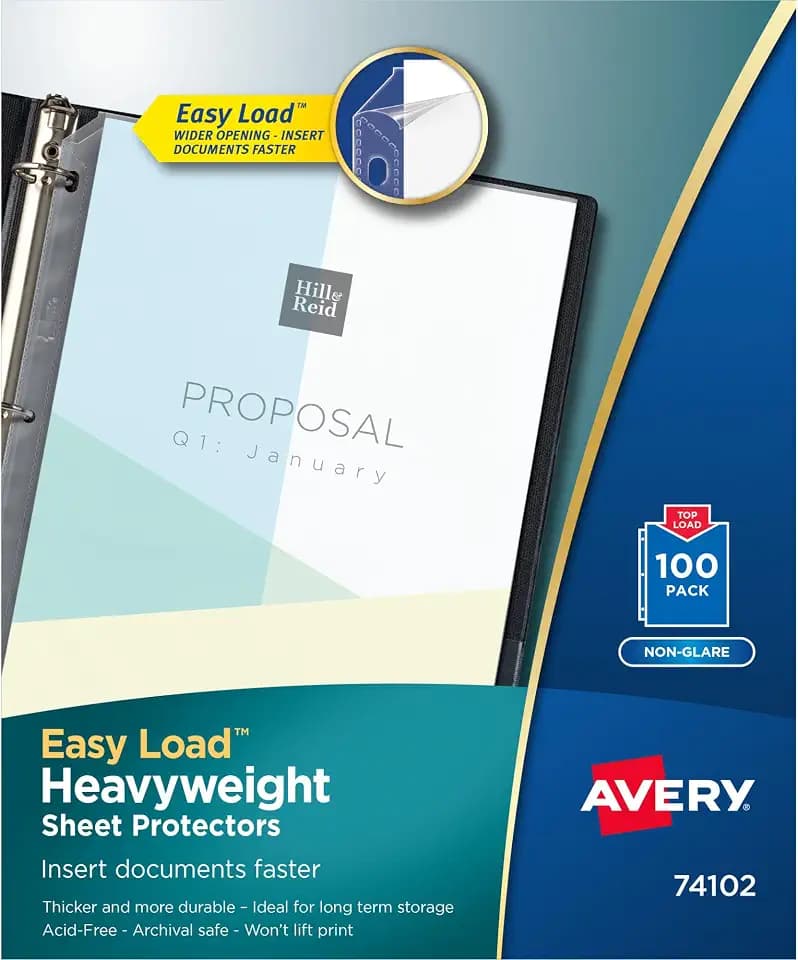 Avery® Clear Heavyweight Sheet Protectors, Non-Glare, Easy Load, 100 Document Protectors (74102)
