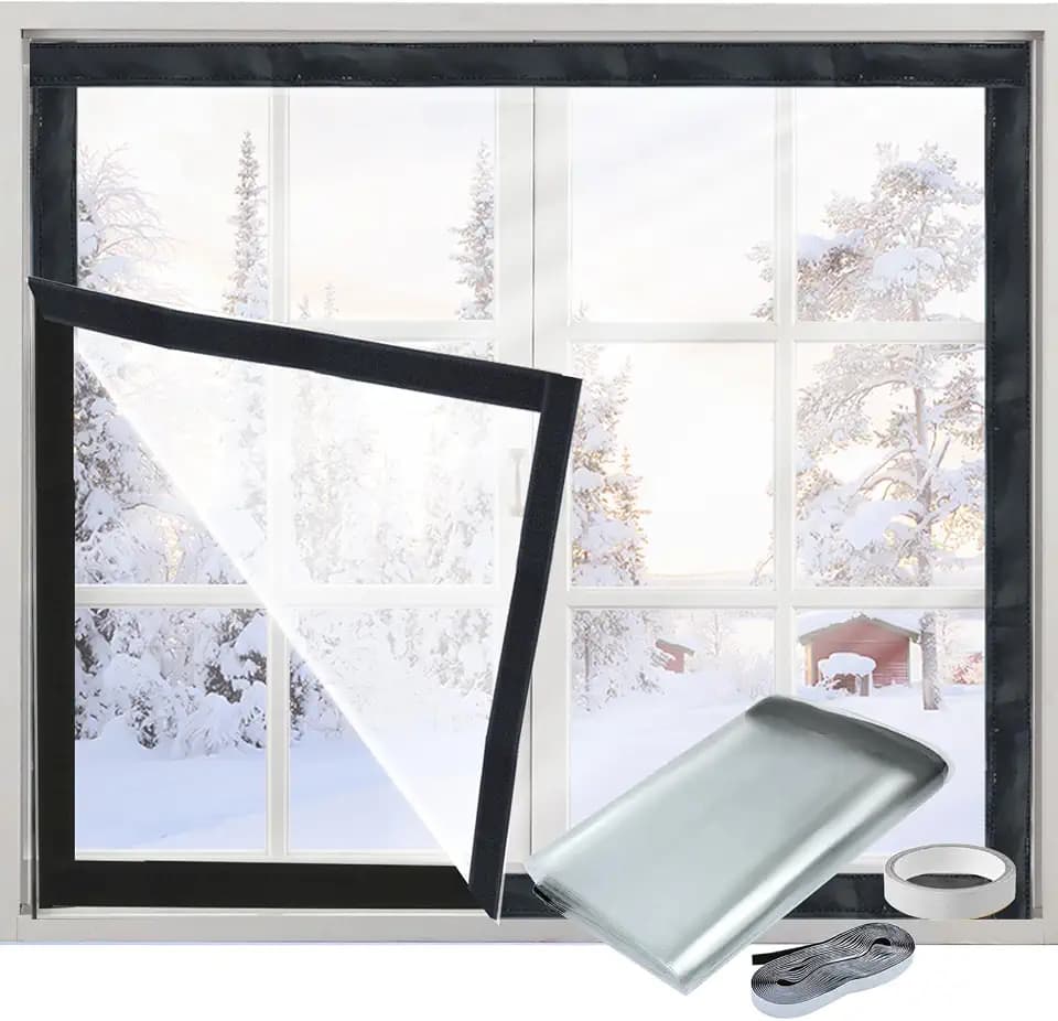 Window Insulation Kit for Winter Adjustable Plastic Insulated Window Cover Sealer Reusable Thermal Thicken Clear Insulation Wrap Transparent Film with Hook and Loop Tape for Winterizing 63'' x 63''