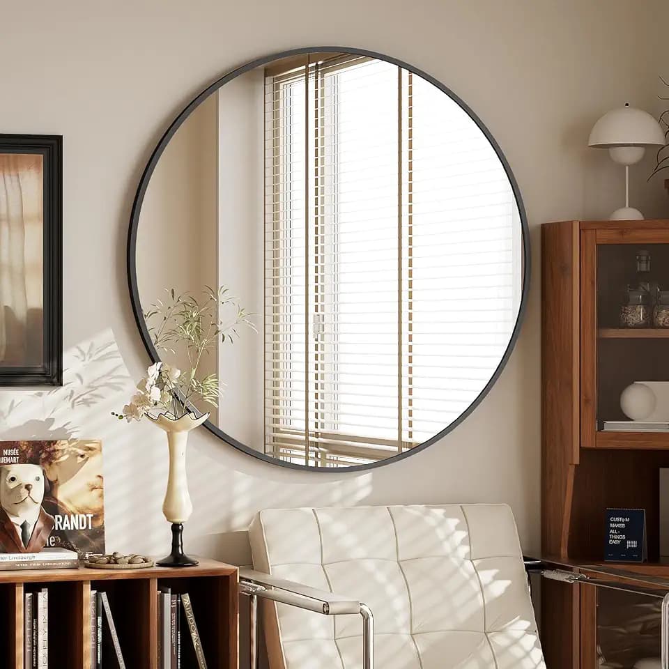 BEAUTYPEAK 76 cm Runder Spiegel, Wandspiegel mit Schwarz Aluminiumrahmen