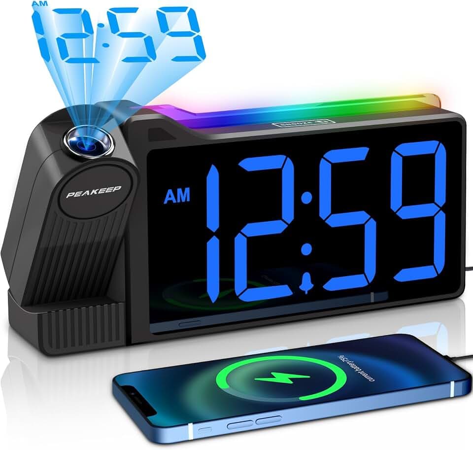 Peakeep Projection Alarm Clock for Bedroom Ceiling with Colorful Nightlight