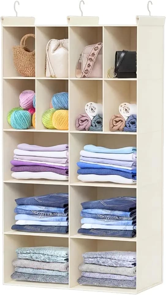 5 Tier Hanging Closet Organizer, 14 Compartments Dual Row Storage, Beige