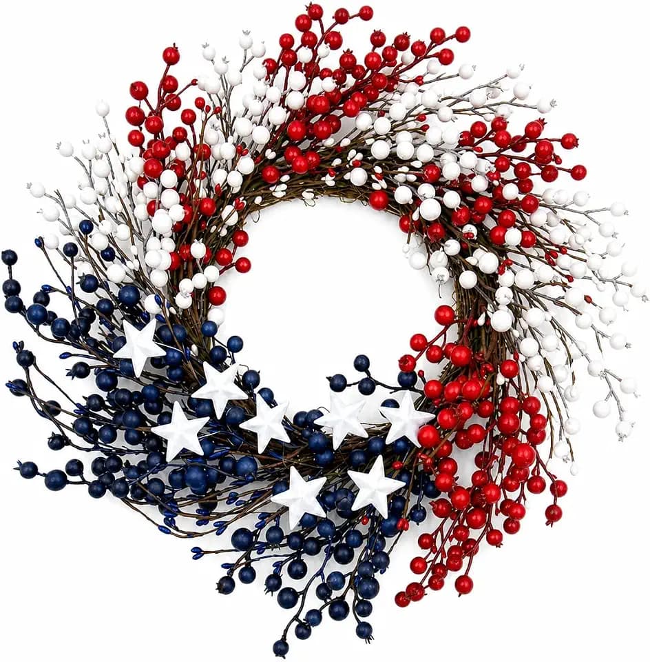 Vexwmverrru 4th of July Wreath: 24 Inch Patriotic Wreath for Front Door - 250th Anniversary Independence Day Decor with Red White and Blue Wreath - Handmade Wreath for Memorial Day