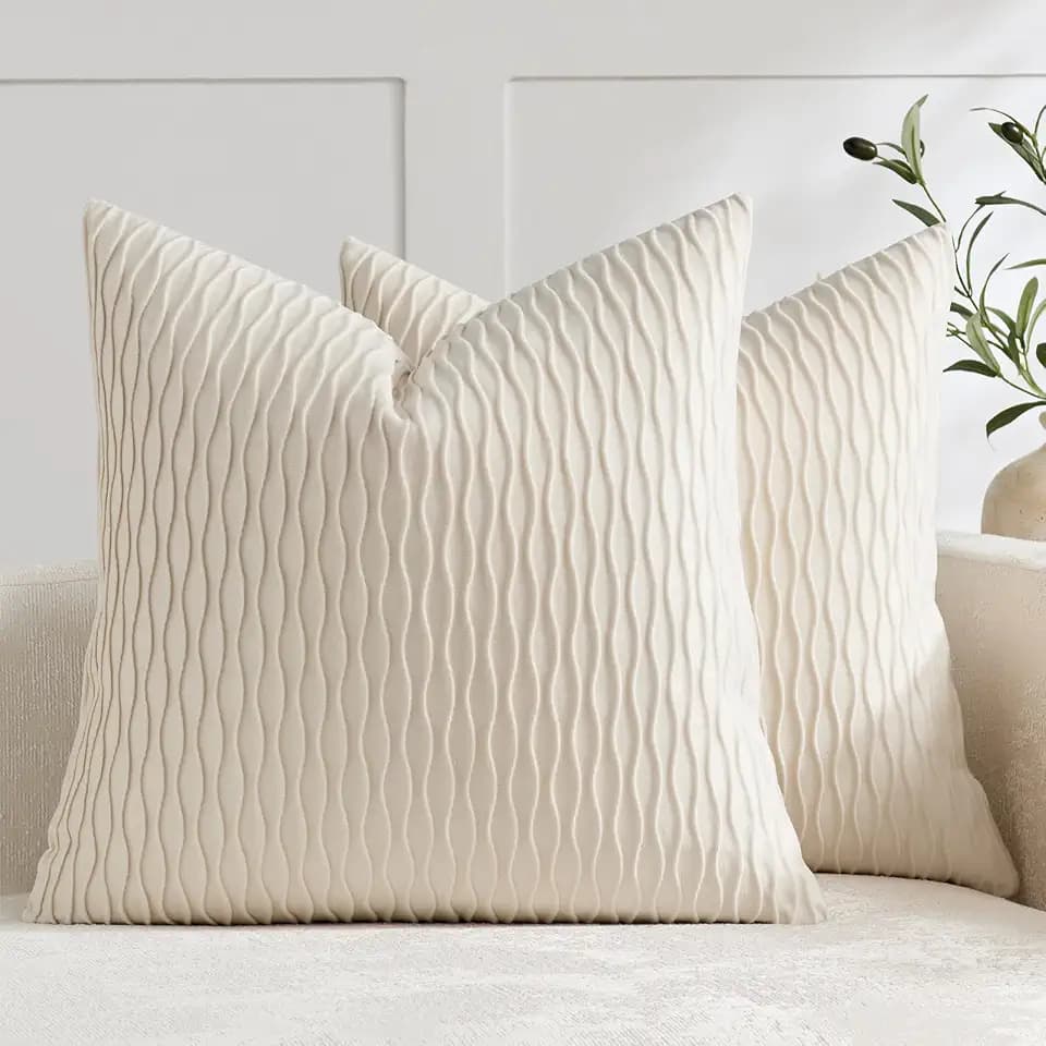DEZENE Beige Couch Pillow Covers: Pack of 2 22x22 Inch Vertical Ripple Striped Velvet Square Throw Pillow Cases for Couch Sofa Bed Living Room Home Decor