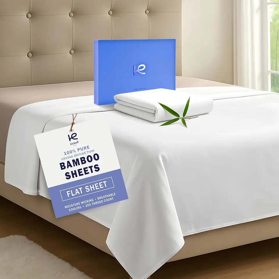 Kickoff Viscose Bamboo Flat Sheet Only California King Size, 100% Organic Cool Flat Bed Sheets Cal King Top Sheet Only, Extra Wide, Viscose Bamboo Cooling Sheets for Hot Sleepers (CK, Snow White)