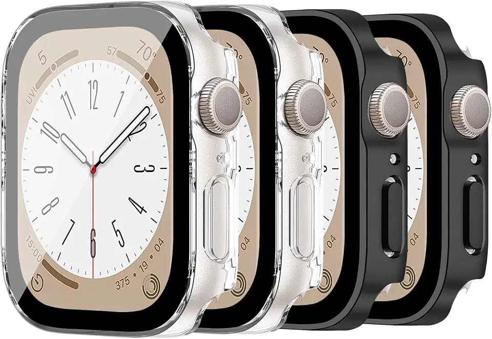 4 Stück Uhrenhüllen kompatibel für Apple Watch Series 42mm 46mm 40mm 44mm 41mm 45mm mit Displayschutz aus gehärtetem Glas, Harte PC-Schutzhülle für iWatch Series 10 9 8 7 6 5 4 SE