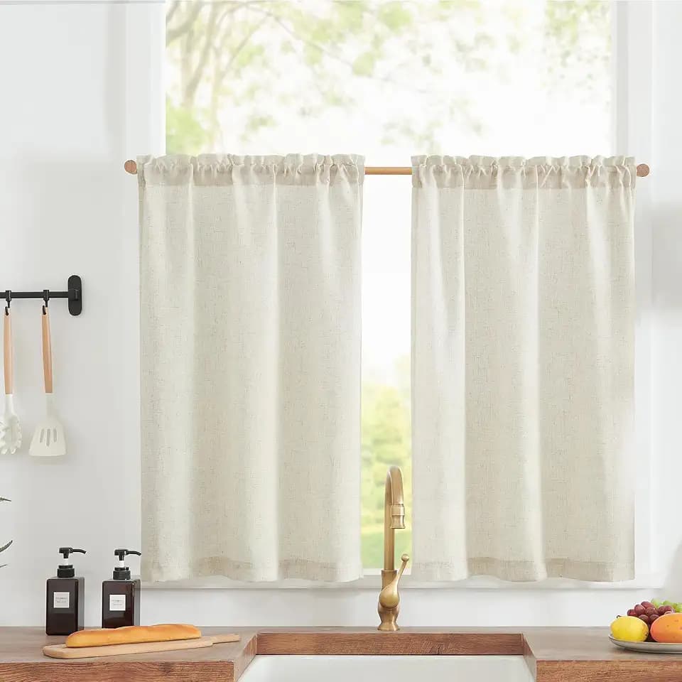 jinchan Linen Blend Kitchen Tier Curtains, 24 Inch, Natural, 2 Panels