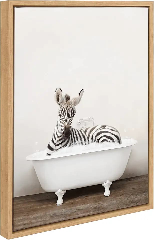 Kate and Laurel Sylvie Baby Zebra in Rustic Bath Framed Canvas Wall Art by Amy Peterson Art Studio; 18x24 Natural; Modern Fun Decorative Bathtub Wall Art for Home Décor