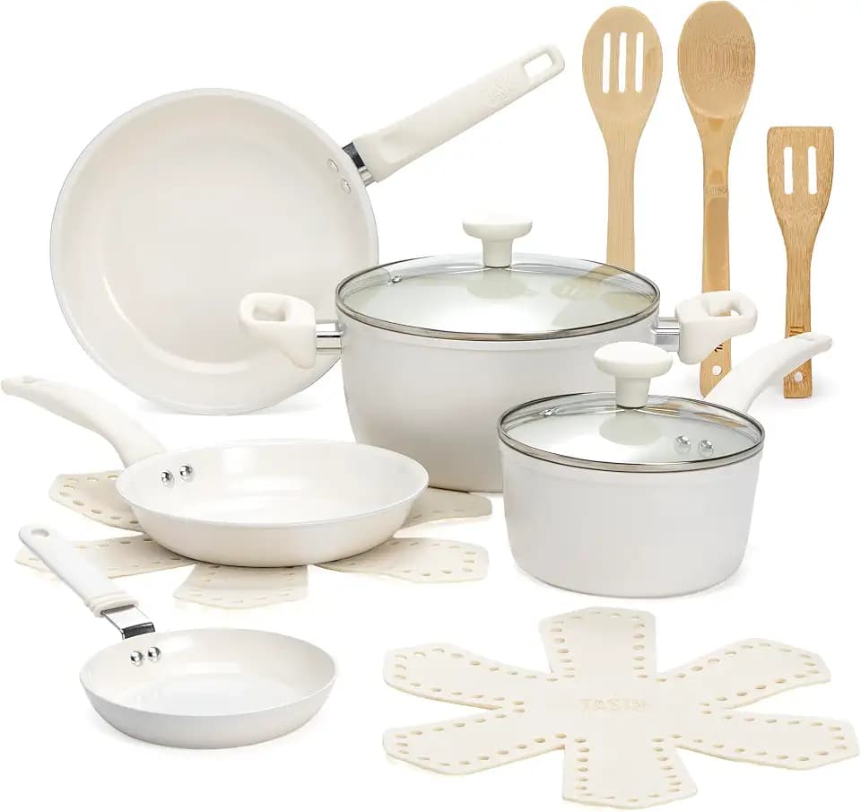 Tasty Ceramic Pots and Pans Set, Healthy Nonstick Cookware Set, Soft Touch Stay Cool Handles, Made without PFAS, PFOA, PFOS and PTFE, Even Heating, Dishwasher Safe, 12-Piece, White