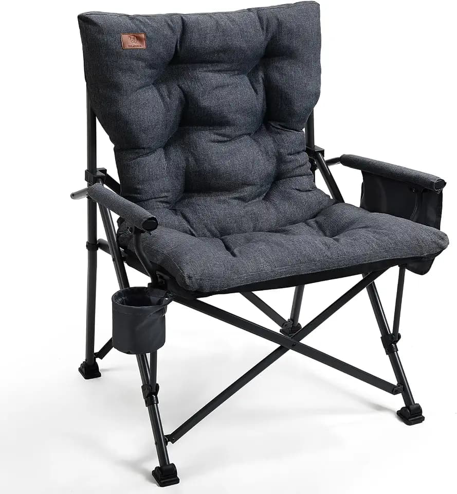 EVER ADVANCED Padded Oversized Folding Camping Chair for Adults, Heavy Duty Lawn Chair with Side Pockets, Portable Collapsible Quad Chair for Outside, Support Up to 500lbs, Black