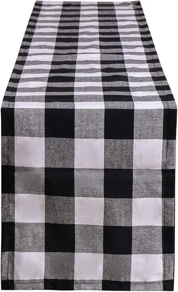 Tosewever Buffalo Check Plaid Table Runner, Cotton Polyester Blend Classic Family Dinner Table Runners for Indoor Outdoor Parties, Christmas Events Home Decoration (Black and White, 14 x 108 Inch)