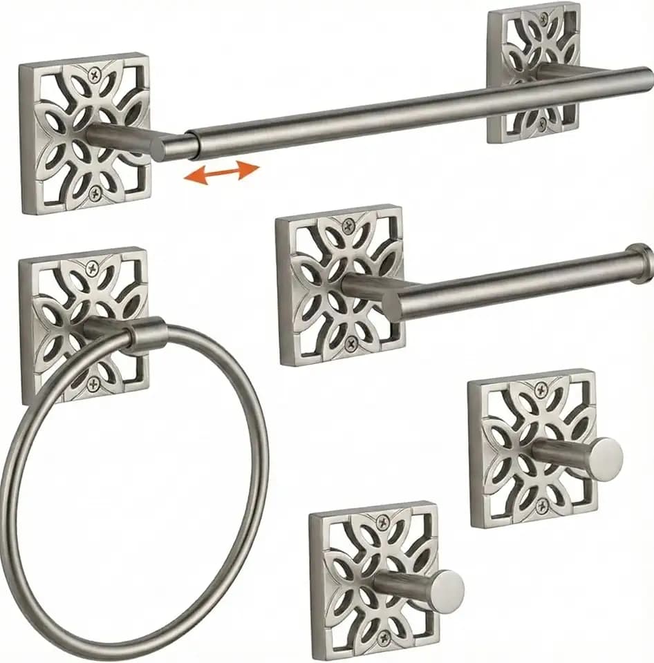Autumn Alley 5 Pieces Nickel Bathroom Accessories Set, Wall Mounted – Silver Toilet Paper Holder, Chrome Bath Towel Holder, Brushed Nickel Towel Ring & Silver Bathroom Hardware Set Complete