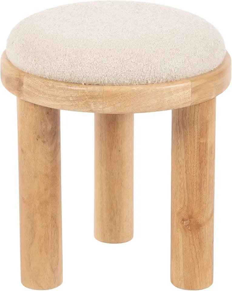 Kate and Laurel Zoda Round Upholstered Ottoman with Mango Wood Base, 16 x 16 x 18, Soft White and Natural Wood, Modern Boucle Living Room Ottoman Foot Rest for Apartment or Dorm Room Decor