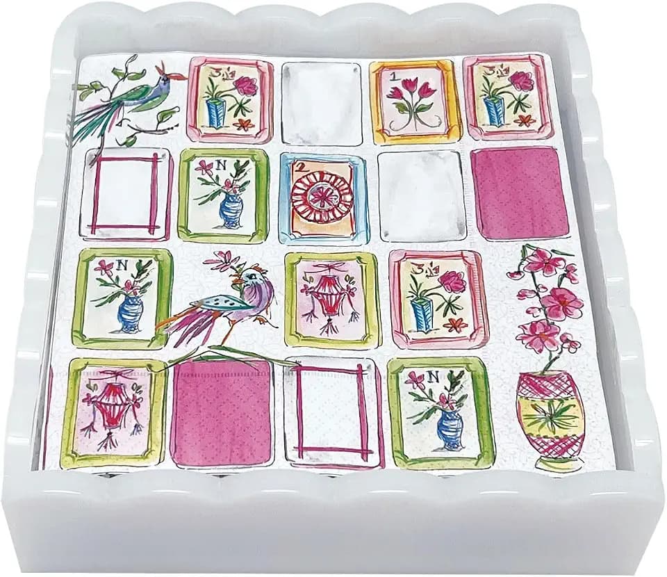 MARIPOSA MAHJONG WHITE SCALLOPED COCKTAIL NAPKIN BOX SET | WHITE | BRILLANTE | GIFTS | NAPKIN BOX & WEIGHT SET | ACRYLIC | HANDMADE IN MEXICO