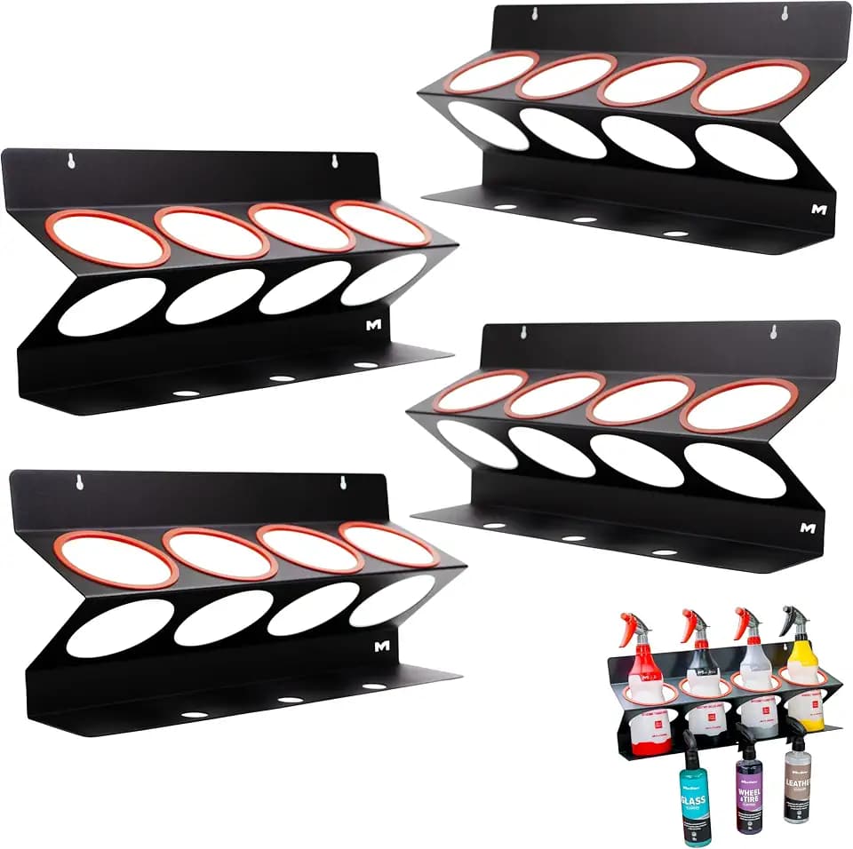 Maxshine Universal Spray Bottle Holder 4-Pack – Holds 4 IK Trigger Sprayers and 34oz Bottles with 3 Hanging Slots – Heavy-Duty Wall-Mounted Organizer for Garage, Shop & Mobile Detailing (Logo)